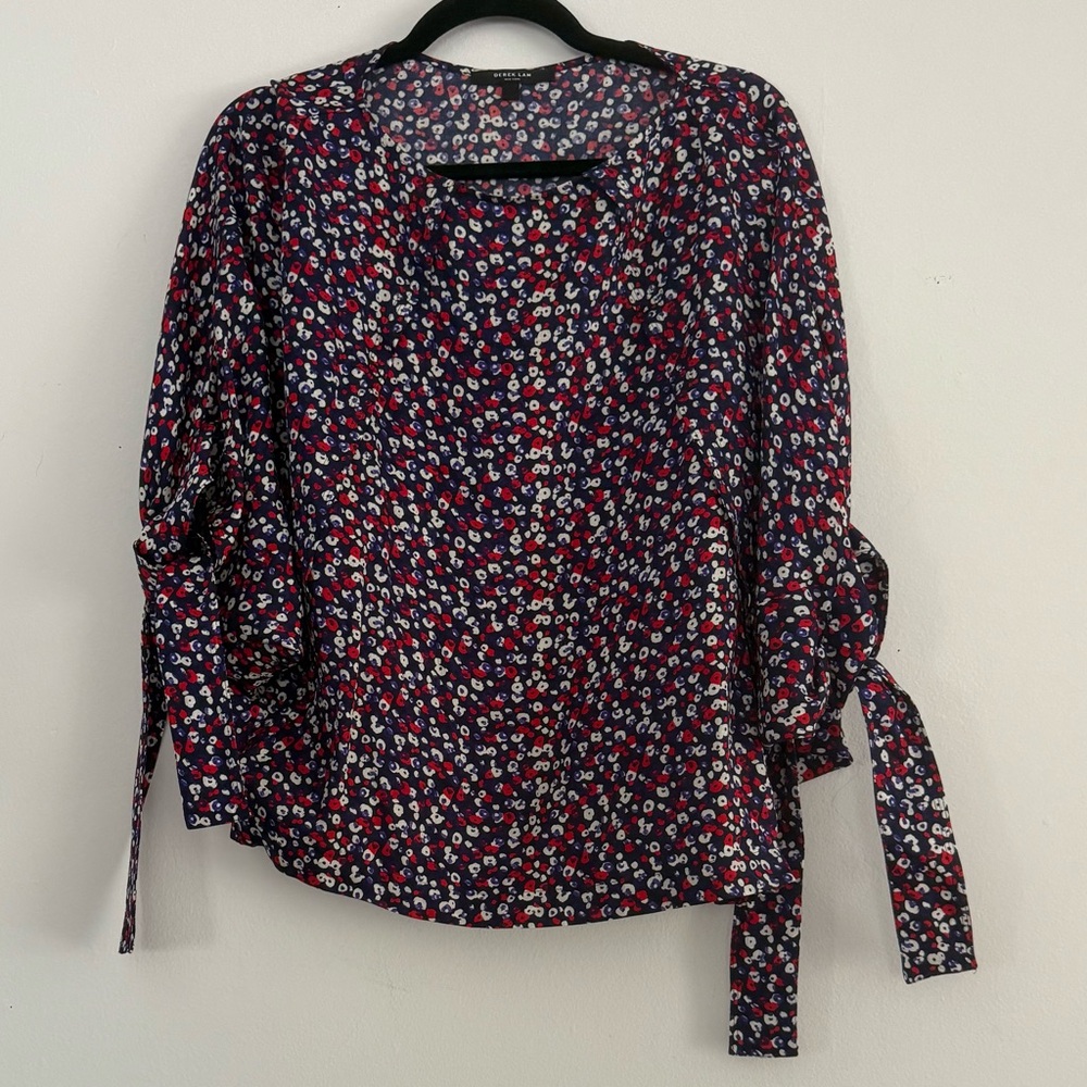 DEREK LAM Navy Blue Poppy Print Silk Jacquard Blouse - Size 4 - Picture 4 of 8